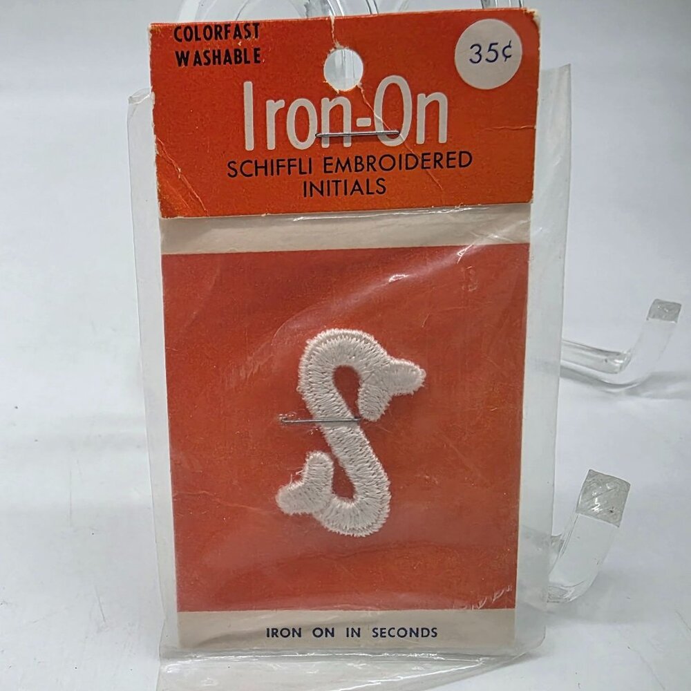 Iron-On Schiffli Embroidered Initials S White Colorfast Washable1"x1.25"